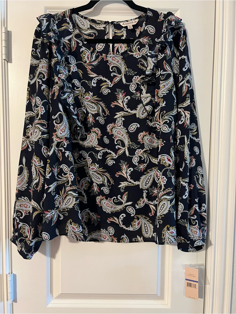 Paisley Ruffle Long-Sleeve Blouse - Navy